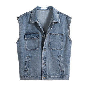 Men Harajuku Loose Fit Sleeveless Denim Jacket Pockets Casual Hip Hop Vest Top Single Breasted Streetwear Preppy Style Waistcoat