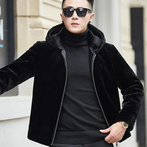 Solid Black Hooded Jacket Men Double-Faced Fur Cashmere Faux Leather Coat Slim Fit Warm Plus Size 4XL Luxury Clothes 2020 New