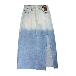 Sexy 2022 Wrap High Split Denim Skirt Women Fashion Streetwear Summer Gradient Colour High Waist Mid-Calf A Line Skirt Female