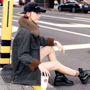 Winter Women Medium Long Loose Jean Cotton Coat Fashion Thick Fox Fur Covered Button Turn-down Collar Denim Jacket Female