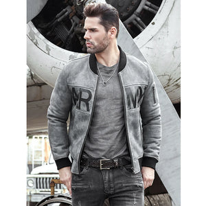 Mens Gray Shearling Coat Sheepskin Leather Overcoat Motorcycle B3 Flight Jacket Baseball Uniform