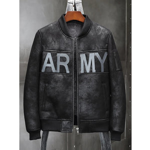 Mens Gray Shearling Coat Sheepskin Leather Overcoat Motorcycle B3 Flight Jacket Baseball Uniform