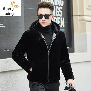 Solid Black Hooded Jacket Men Double-Faced Fur Cashmere Faux Leather Coat Slim Fit Warm Plus Size 4XL Luxury Clothes 2020 New