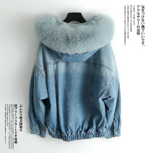 Real Parka Fur Coat Female Rabbit Fur Liner Denim Jacket Winter Coat Women Fox Fur Collar Warm Korean Jackets MY4586 s