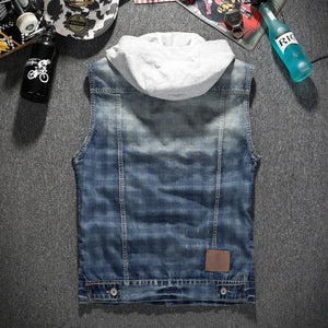 Hooded Men Detachable Denim Vest College Vintage Sleeveless Jacket Male Teenager Slim Fit Casual Blue Biker Waistcoat S-3XL