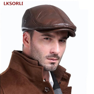 Men's First Layer Cowhide Leather Hat Winter Berets Male Warm Ear Protection Cap 100% Genuine Leather Dad Hat Wholesale Leisure