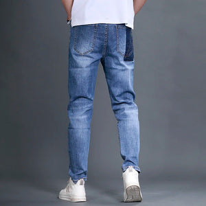 Summer New Men Loose Jeans Biker Blue Spliced Straight Denim Trousers Casual Preppy Style Zipper Thin Pants Male Pockets 28-36