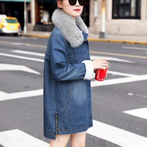 Winter Women Medium Long Loose Jean Cotton Coat Fashion Thick Fox Fur Covered Button Turn-down Collar Denim Jacket Female