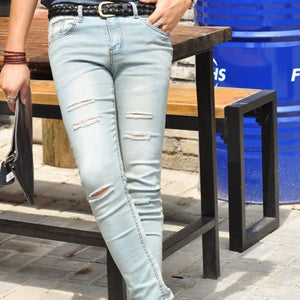 Ripped Hole Light Blue Mens Denim Pants Fashion Stretch Shinny Cowboy Trousers Korean New Brand Casual Pencil Pants Streetwear