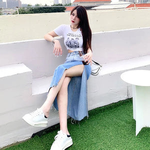 Sexy 2022 Wrap High Split Denim Skirt Women Fashion Streetwear Summer Gradient Colour High Waist Mid-Calf A Line Skirt Female