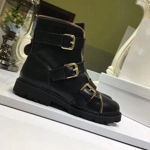 Boots Women Winter Botas Mujer Leather Ankle Boots For Women Chunky Heels Motorcycle Boots Buckle Ladies Shoes Zapatos De Mujer