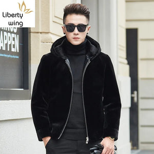 Solid Black Hooded Jacket Men Double-Faced Fur Cashmere Faux Leather Coat Slim Fit Warm Plus Size 4XL Luxury Clothes 2020 New