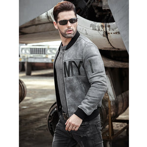 Mens Gray Shearling Coat Sheepskin Leather Overcoat Motorcycle B3 Flight Jacket Baseball Uniform