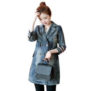 Collar Turn-Down Distressed Denim Windbreakers Vintage Double Breasted Slim Fit Long Trench Casual Female Office Spring Coats