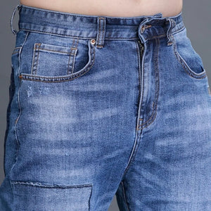 Summer New Men Loose Jeans Biker Blue Spliced Straight Denim Trousers Casual Preppy Style Zipper Thin Pants Male Pockets 28-36