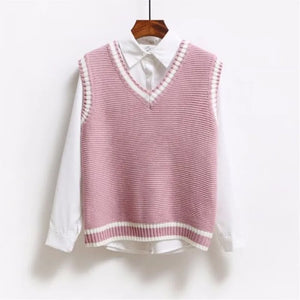 Korean Style Fashion Women Sleeveless Sweater Vest 2024 V Neck Knitted Pullover Female Spring Fall Jumper Top Knitwear Outerwear