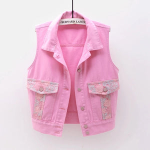 Denim Vest Women's Thin Spring Summer Clothes Lace Embroidered Pocket Short Female Pink Waistcoat With Detachable Hat Waistcoat