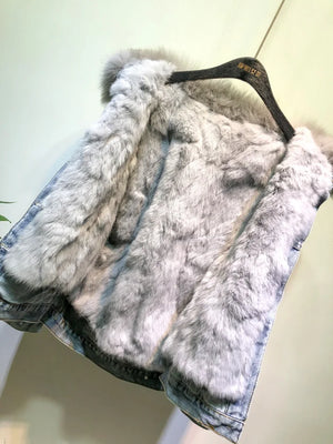 Winter Women's Warm Natural Fox Fur coat + Real Rabbit Hair Liner Denim Jacket Female Multiple Pockets Fur Outerwear F2433