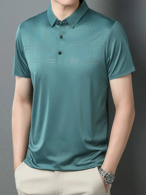 Men Business Smart Casual Polo Shirts Green Blue Plaid Elegant Tees Male Turn Down Collar Short Sleeve Tops Comfort Cozy Clothes