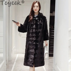 Tcyeek 2023 Elegant Real Fur Jacket Female Mink Winter Warm Hooded Real Fur Coat Long Natural Mink Fur Coats Women Clothing