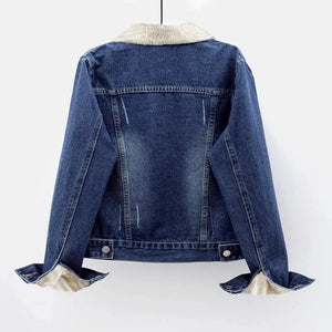 Fleece Warm Winter Jean Jacket Female Pockets Button Soft 2024 Warm Outerwear Fashion Slim Denim Coats For Women