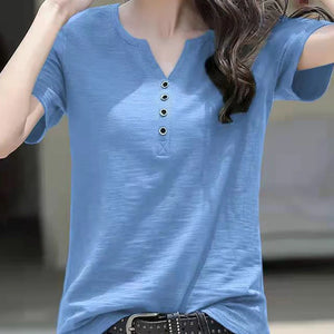 Women's Blouse Clothing V-neck Button T-shirt Spring Summer Loose Large White Short Sleeve Solid Elegant Casual Tops