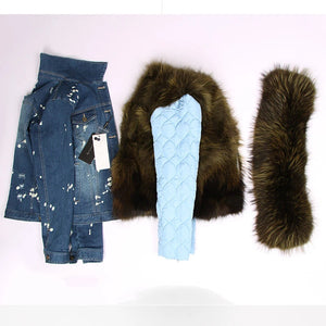 fur lover 2022 New fashion Women's denim jacket natural Fur coat parkas Female coat winter Real raccoon fur collar Jeans jacket