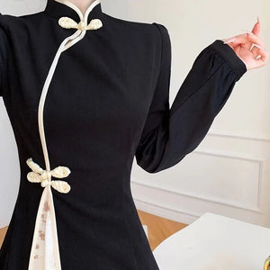 Ladies Fashion Buttons Long Dress Autumn Winter Slim Chinese Style Pullovers Patchwork Women's Clothing 2023 New Elegant Dresses