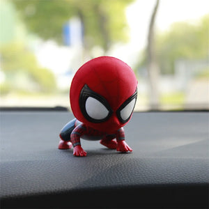 Movie Spiderman Figure Q Version Shaking His Head Doll Squatting Climbing Hanging Rope Cartoon Doll Hand-made Car Ornament Toy