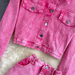 Autumn Women Pink Denim Sets Lapel Long Sleeve Short Denim Jacket High Waist Denim Skirt Korean Female Two Piece Set Streetwear