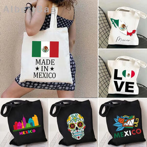 Mexico Country Map Flag Tacos Love Heart Shopper Harajuku Canvas Tote Bag Latina Mexican Gift Girl Skull Woman Shopping Handbags