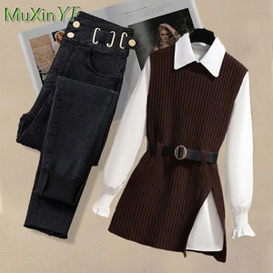 2024 Spring New Korean Elegant in Matching Set Women's Fashion Knitted Vest+Shirt+Jeans Three Piece Female Chic Denim Pants Suit