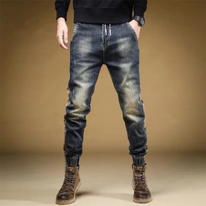 Trousers with Print Stretch Male Cowboy Pants Elastic Cargo Jeans for Men 2024 Korean Autumn Aesthetic Regular Winter Trend Y2k