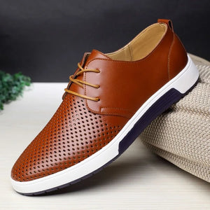 Fashion Hollow Loafers for Men Summer Mesh Breathable Flat Shoes Men's Driving Shoes Lace Up Classic Business Leather Shoes 2023