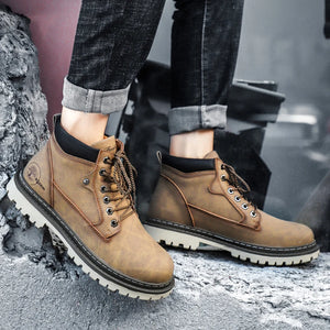 Men's Winter Boots Luxury Leather Warm Fur Classic Ankle Boots Outdoor Brand Motorcycle Boots Lace Up Men Casual Leather Boots