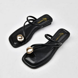 Summer Narrow Band Women Slipper Fashion Metal Decoration Low Heel Slip On Ladies Elegant Slides Casual Outdoor Beach Flip Flop