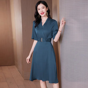 23051 Silk Dress Female 2024 Summer New Lightly Mature Elegant Elastic Waistband SilkSkirt