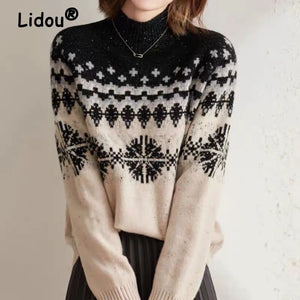 2022 Autumn Winter Elegant Women Snowflake Printed Warm Sweater Female Thick Half Turtleneck Sweater Knit All-match Jumpers Tops