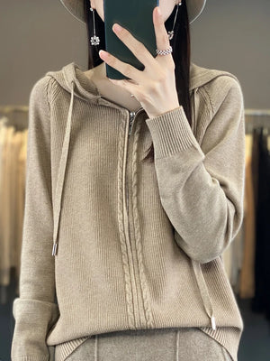 2024 autumn and winter hooded cardigan women's knitted top loose sweater casual solid color double zipper cardigan top