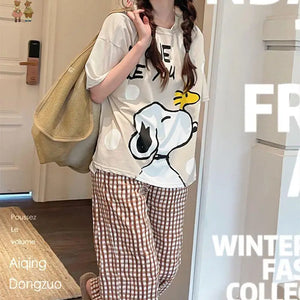 New Kawaii Cute Snoopy Pajamas Summer Pure Cotton Checkered Home Suit Set Leisure Cartoon Ins Birthday Gifts Girlfriend Gifts