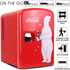 Coca-Cola Classic Coke Bottle 4L Mini Fridge w/ 12V DC and 110V AC Cords, 6 Can Portable Cooler, Personal Travel Refrigerator