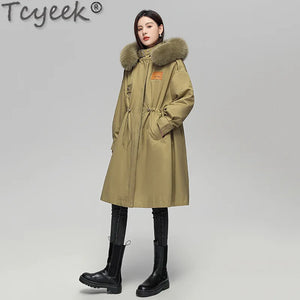 Tcyeek 2023 Winter Fox Fur Collar Parka Elegant Womens Fur Coat Warm Rex Rabbit Fur Liner Detachable Long Jacket Women Clothing