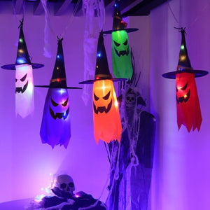 Halloween LED Flashing Light Hanging Ghost Halloween Party Dress Up Glowing Wizard Ghost Hat Lamp Decor Pumpkin Candlestick Lamp