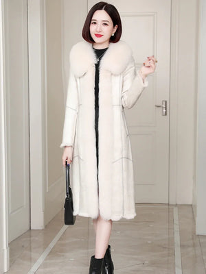 Womens Rex Rabbit Fur Coat Winter Warm Fur Jacket Women Clothing Long Coat Fox Fur Collar Elegant Jackets Overcoat Manteau Femme