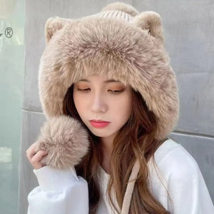 Winter Warm Knitted Hats for Women Cute Cartoon Cat's Ears Two Balls Earflap Cap Plush Fluffy Thicken Warm Beanie Hat