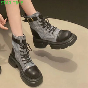 British Style Thick Sole Ankle Boots Round Toe Belt Buckle 2024 Spring Thick Heel Lace Up Shoes Blue Fashion Women Short Boots