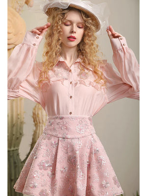 High-End Pink Skirt Set Women's Summer New Niche Design Ruffled Shirt Sequins Embroidery Shirt Top High Waist Mini Skirt Outfits