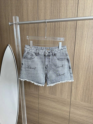 2024 small hot drill denim shorts female hot drill carbon gray multiple washing process High-waisted A-line