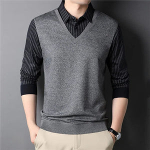 2022 New Fake Two Piece Polo Shirt for Men Long Sleeve Solid Autumn and Winter Clothing Luxury Designer Clothes Men Polo Shirt