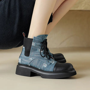 2024Apricot Denim Women Ankle Boots Black Platform Outside Footwear Casual Lace Up Rubber Sole Riding Botines Blue Sapatos Femme